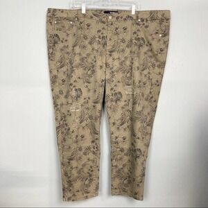DENIM 24/7 Khaki Tropical Floral Printed Distressed Stretch Jeans Plus Size 30W